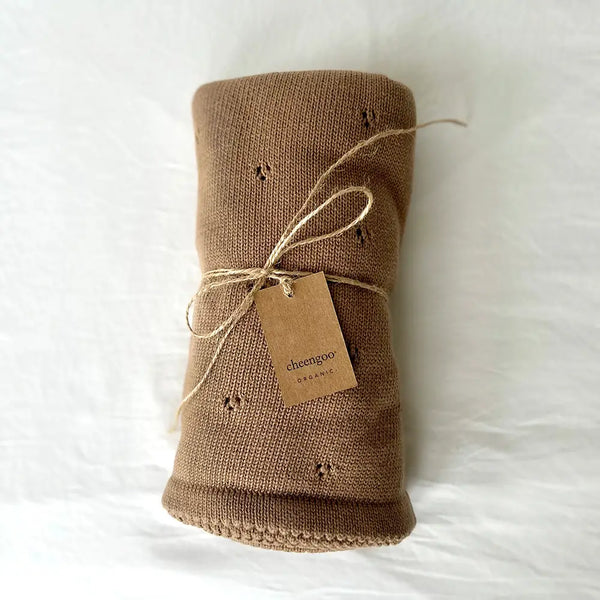 Organic Knit Baby Blanket - Taupe (Cloverleaf Eyelet)