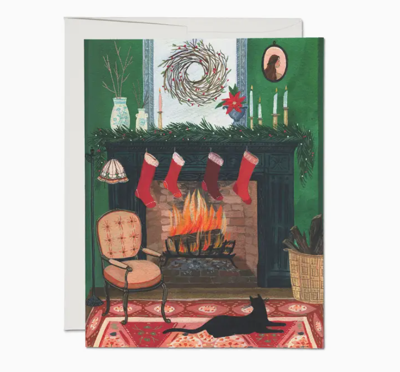 Christmas Fireplace Card Red Cap